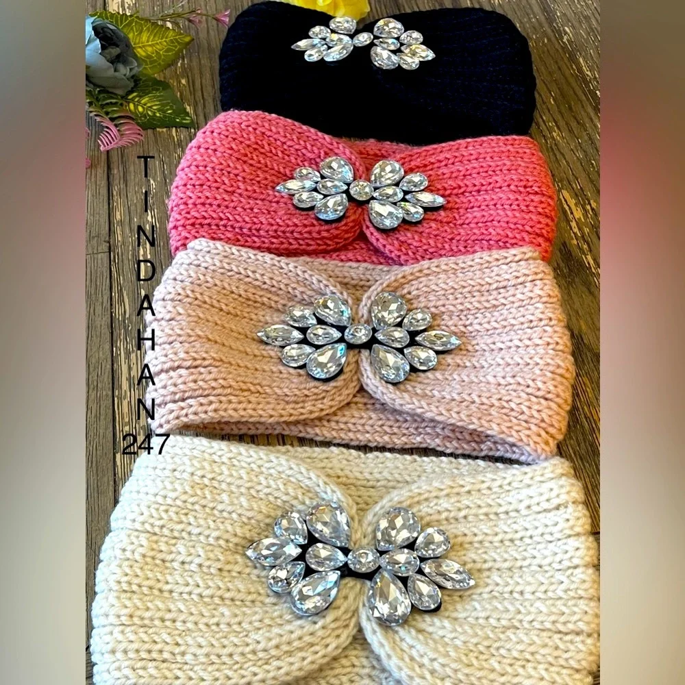Teardrop Bow‎ Shape Clear Gem Pink Knit Knot Crochet Handmade Headband